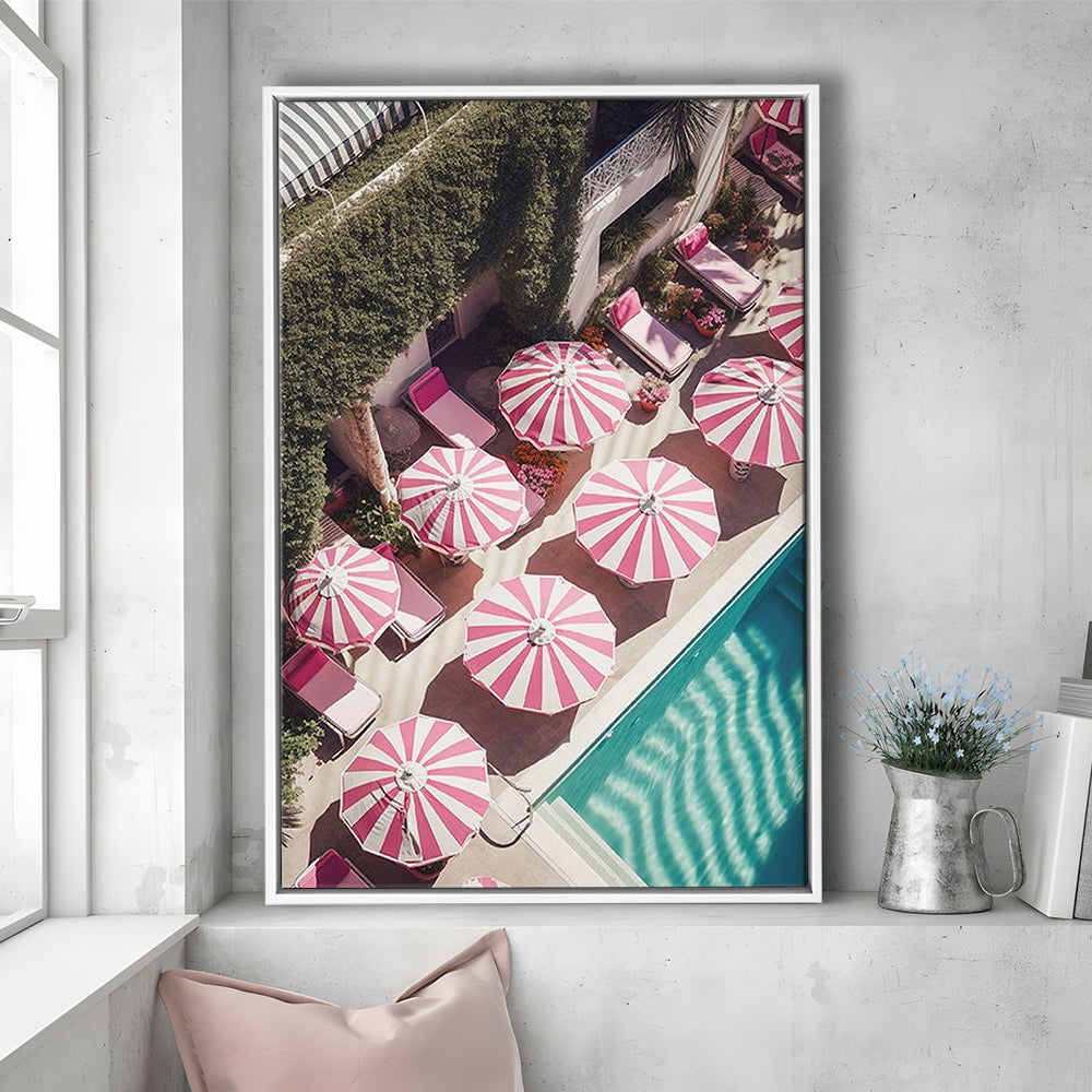 Glamorous Pool Print Pink And White Beach Umbrella Print Beach Wall Art, Framed Canvas Prints Wall Art