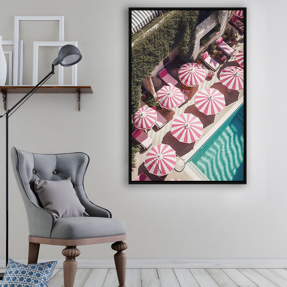 Glamorous Pool Print Pink And White Beach Umbrella Print Beach Wall Art, Framed Canvas Prints Wall Art