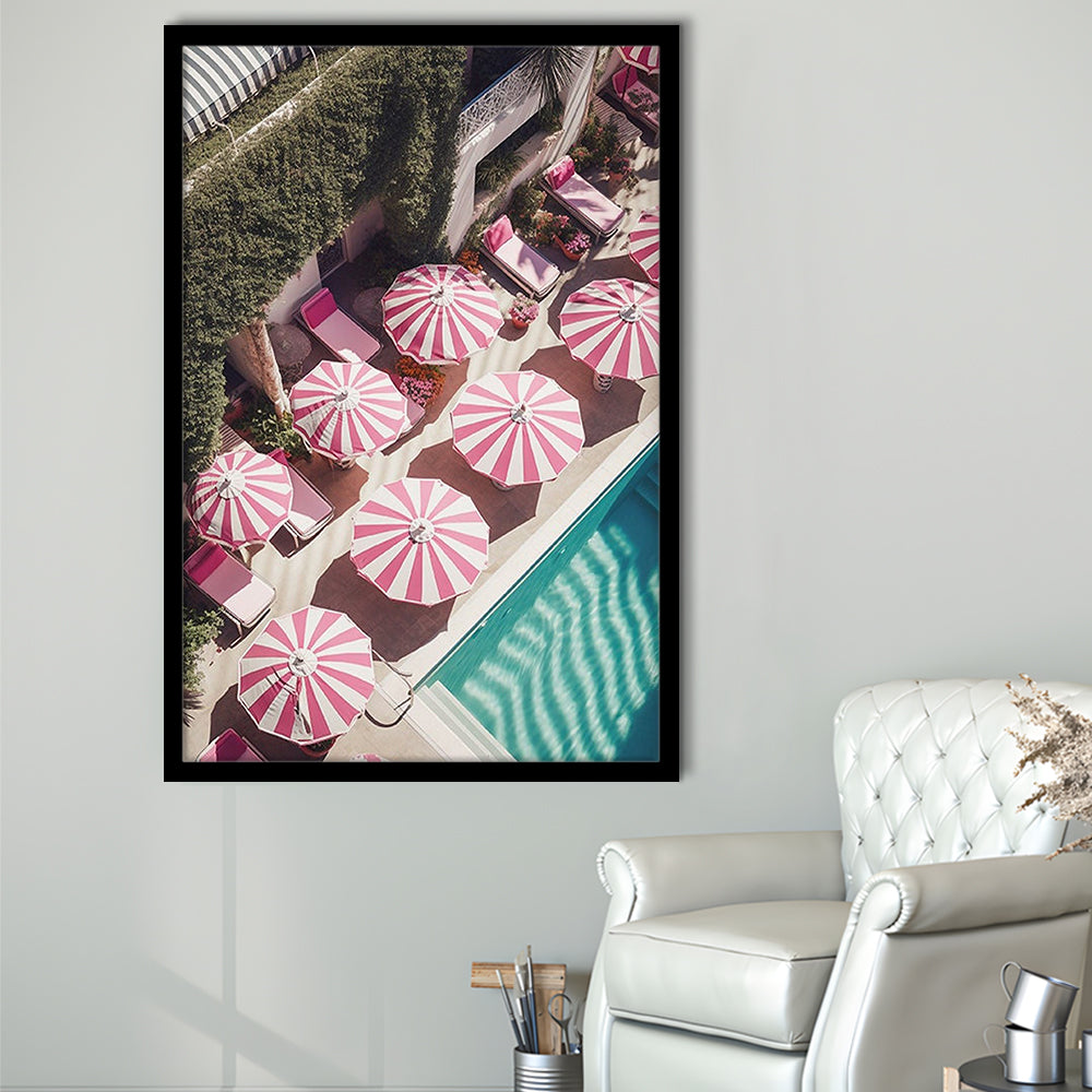Glamorous Pool Print Pink And White Beach Umbrella Print Beach Wall Art, Framed Art Prints Wall Decor