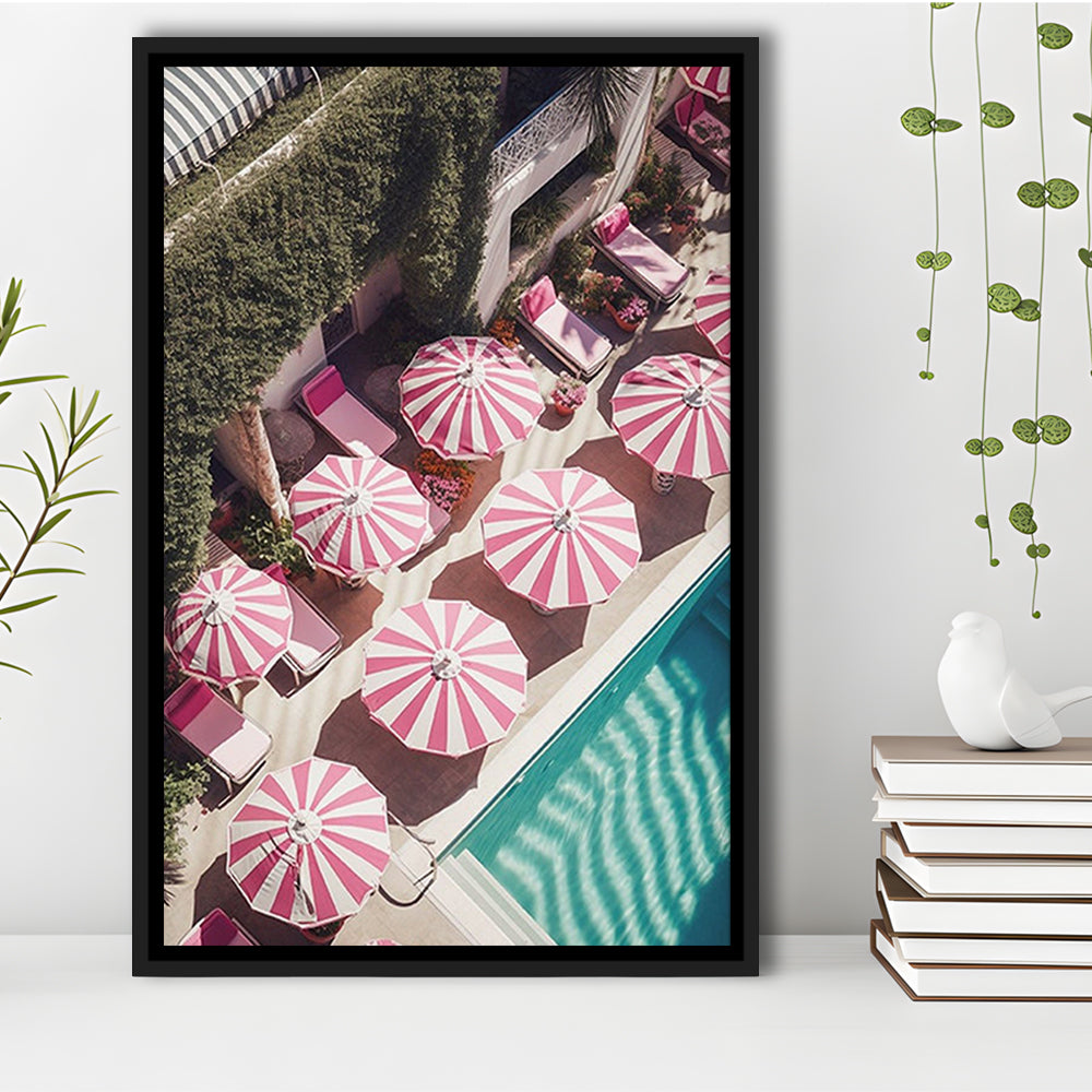 Glamorous Pool Print Pink And White Beach Umbrella Print Beach Wall Art, Framed Canvas Prints Wall Art