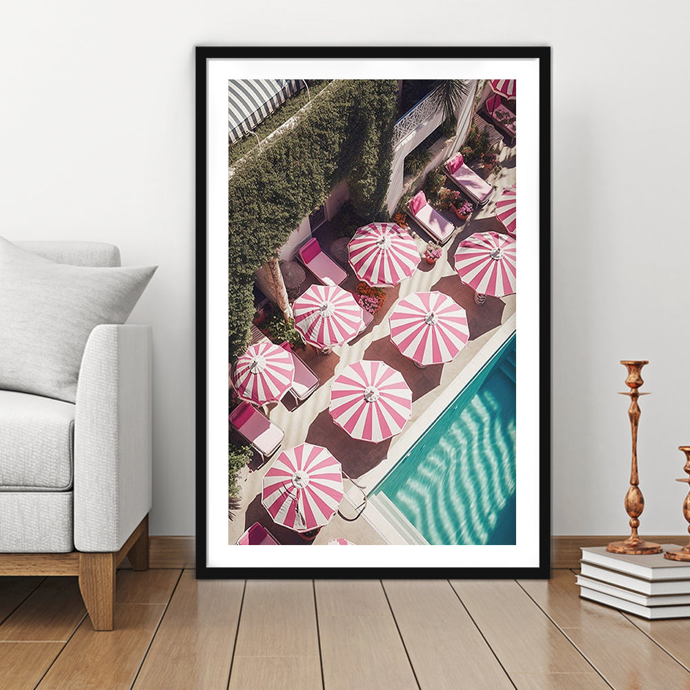 Glamorous Pool Print Pink And White Beach Umbrella Print Beach Wall Art, Framed Art Prints White Border Wall Decor