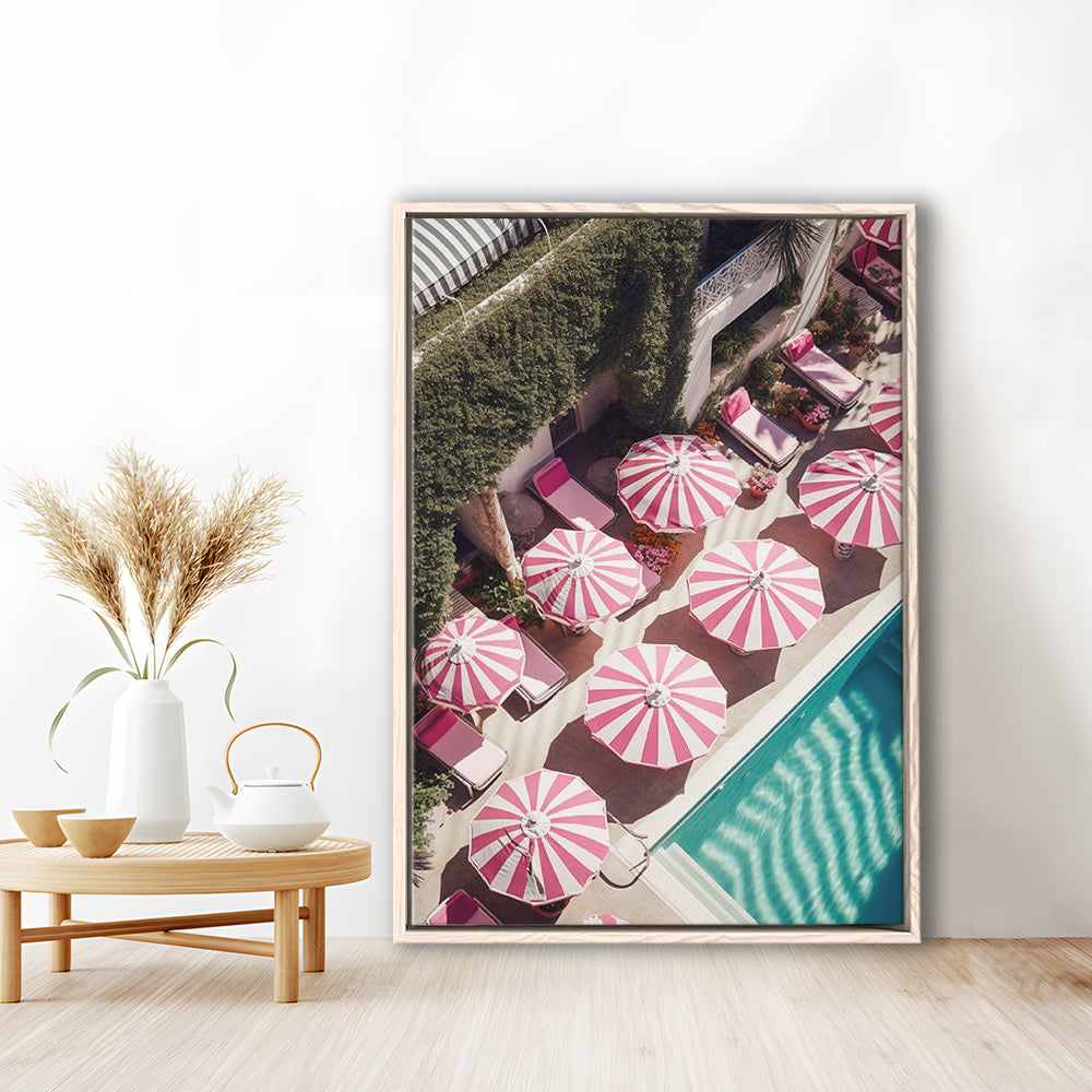 Glamorous Pool Print Pink And White Beach Umbrella Print Beach Wall Art, Framed Canvas Prints Wall Art