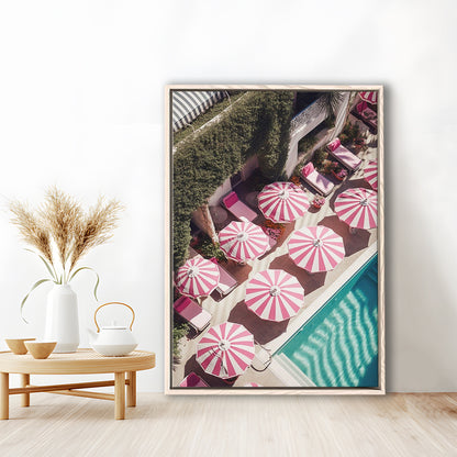 Glamorous Pool Print Pink And White Beach Umbrella Print Beach Wall Art, Framed Canvas Prints Wall Art