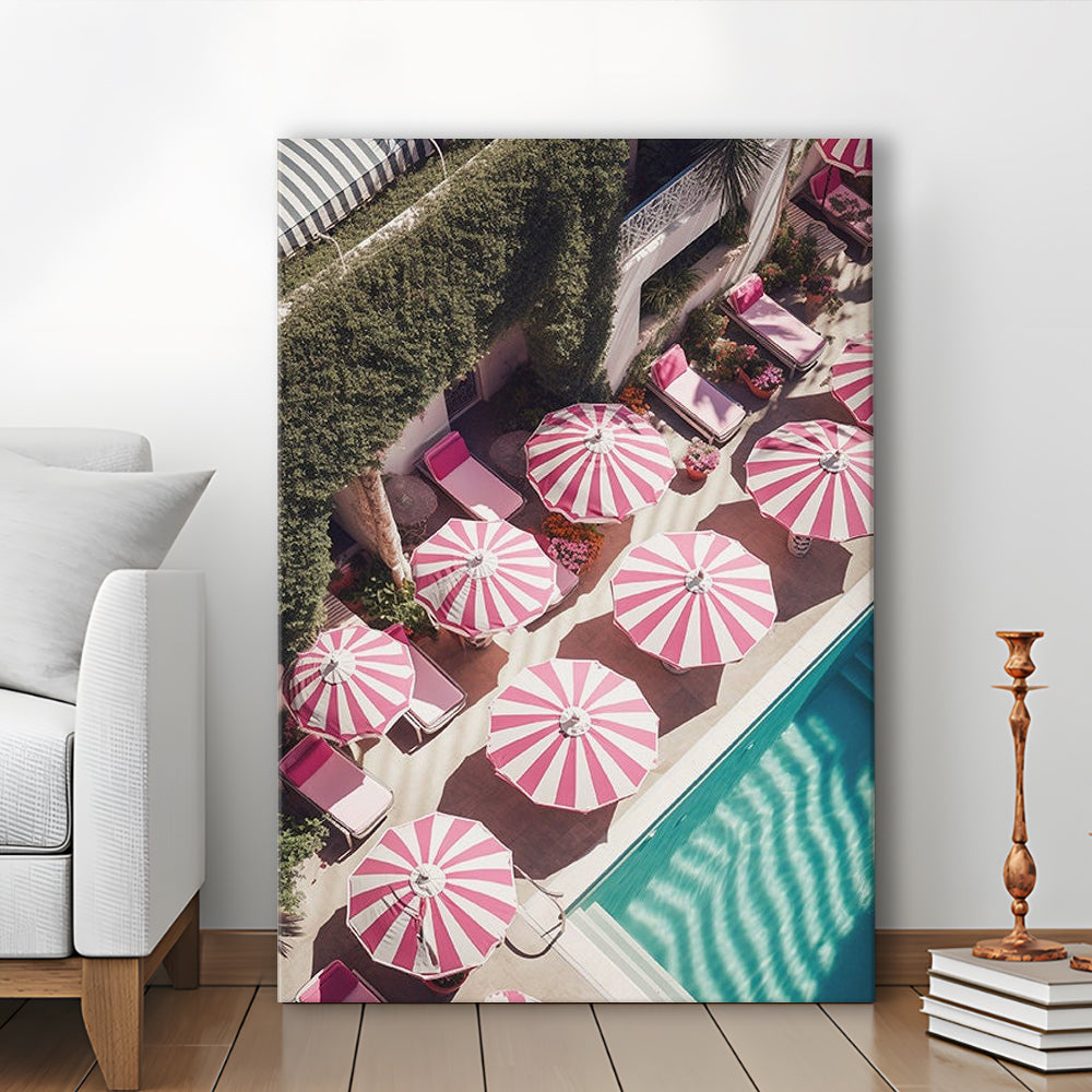 Glamorous Pool Print Pink And White Beach Umbrella Print Beach Wall Art, Canvas Prints Wall Art