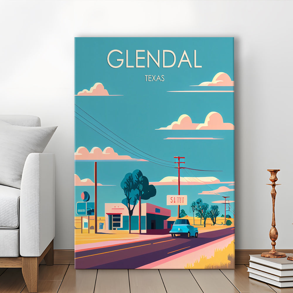 Glendal Texas Retro Art Print, Glendal City Wall Art, Canvas Print, Painting Canvas, Living Room Decor