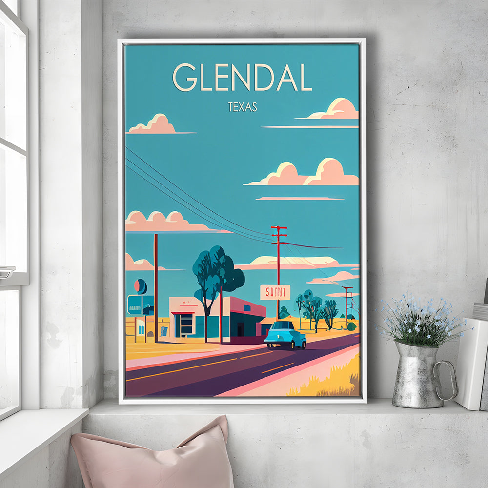 Glendal Texas Retro Art Print, Glendal City Wall Art, Floating Framed Canvas Print, Framed Picture, Painting Canvas