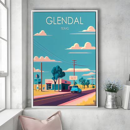 Glendal Texas Retro Art Print, Glendal City Wall Art, Floating Framed Canvas Print, Framed Picture, Painting Canvas