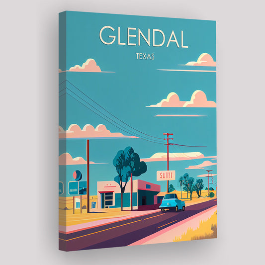Glendal Texas Retro Art Print, Glendal City Wall Art, Canvas Print, Painting Canvas, Living Room Decor