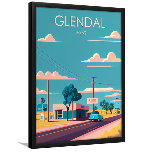 Glendal Texas Retro Art Print, Glendal City Wall Art, Framed Art Print, Picture Framed, Painting Art