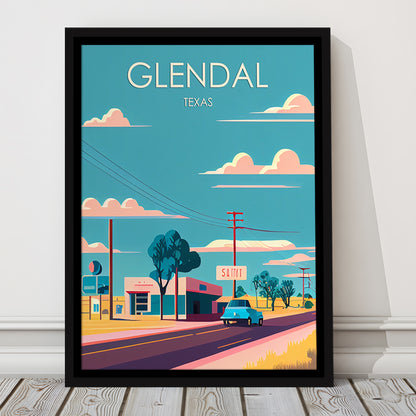 Glendal Texas Retro Art Print, Glendal City Wall Art, Floating Framed Canvas Print, Framed Picture, Painting Canvas