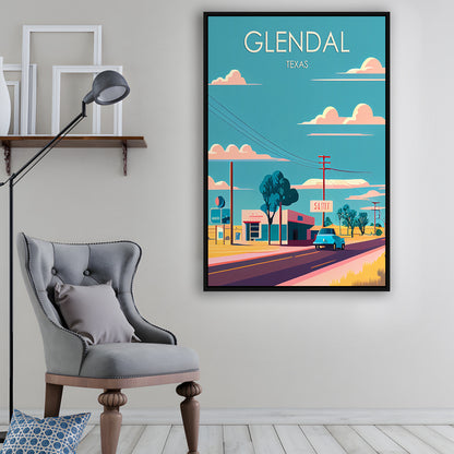 Glendal Texas Retro Art Print, Glendal City Wall Art, Floating Framed Canvas Print, Framed Picture, Painting Canvas