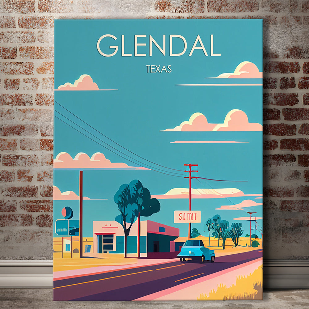 Glendal Texas Retro Art Print, Glendal City Wall Art, Canvas Print, Painting Canvas, Living Room Decor