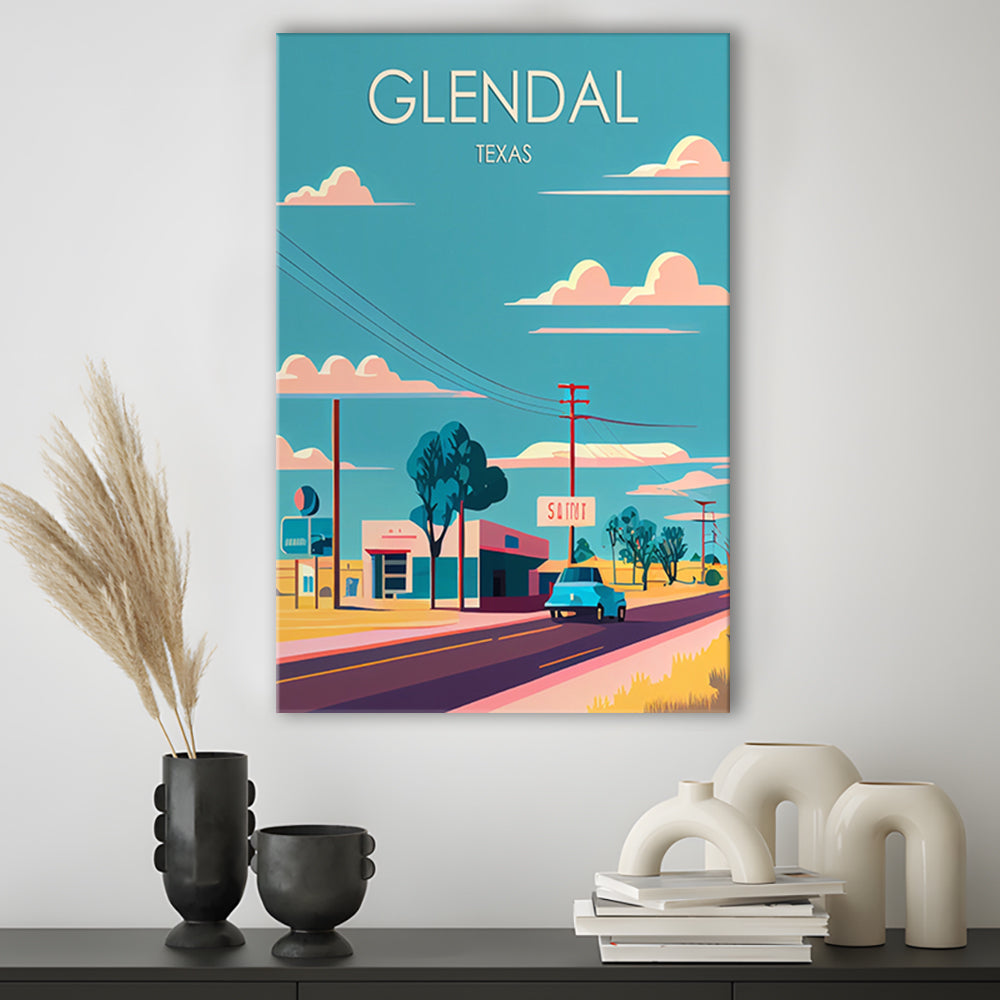 Glendal Texas Retro Art Print, Glendal City Wall Art, Canvas Print, Painting Canvas, Living Room Decor