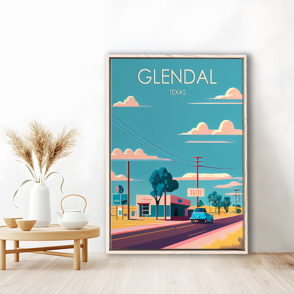Glendal Texas Retro Art Print, Glendal City Wall Art, Floating Framed Canvas Print, Framed Picture, Painting Canvas