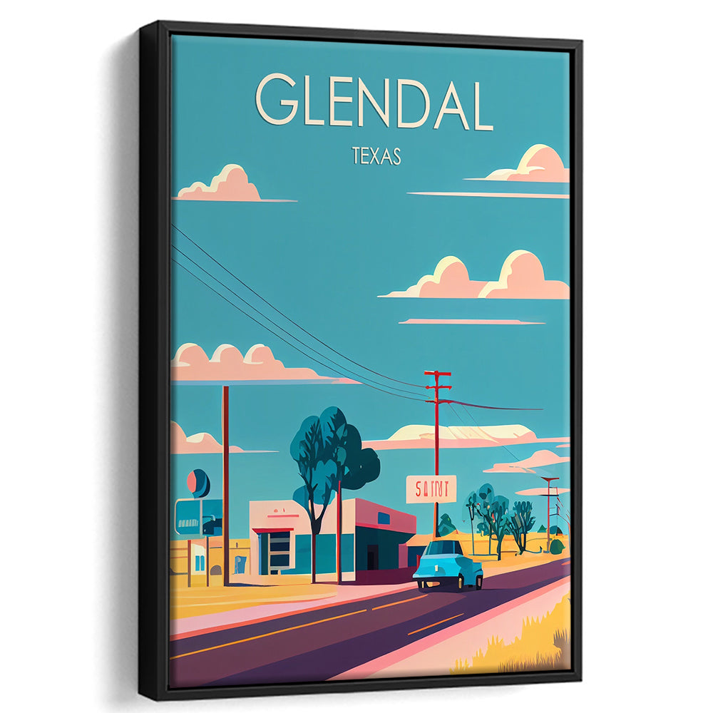 Glendal Texas Retro Art Print, Glendal City Wall Art, Floating Framed Canvas Print, Framed Picture, Painting Canvas