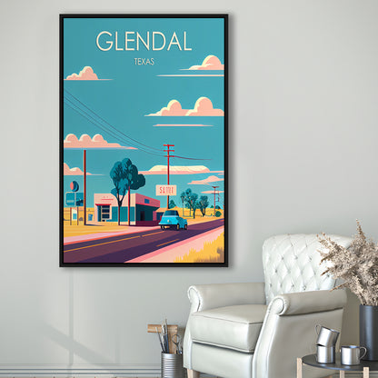 Glendal Texas Retro Art Print, Glendal City Wall Art, Floating Framed Canvas Print, Framed Picture, Painting Canvas