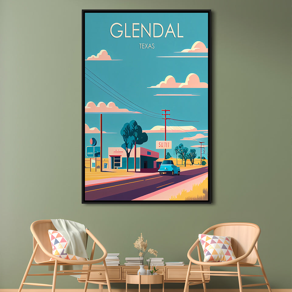 Glendal Texas Retro Art Print, Glendal City Wall Art, Floating Framed Canvas Print, Framed Picture, Painting Canvas