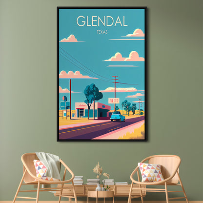 Glendal Texas Retro Art Print, Glendal City Wall Art, Floating Framed Canvas Print, Framed Picture, Painting Canvas
