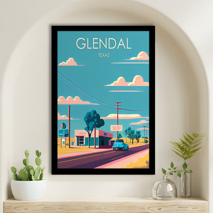 Glendal Texas Retro Art Print, Glendal City Wall Art, Framed Art Print, Picture Framed, Painting Art