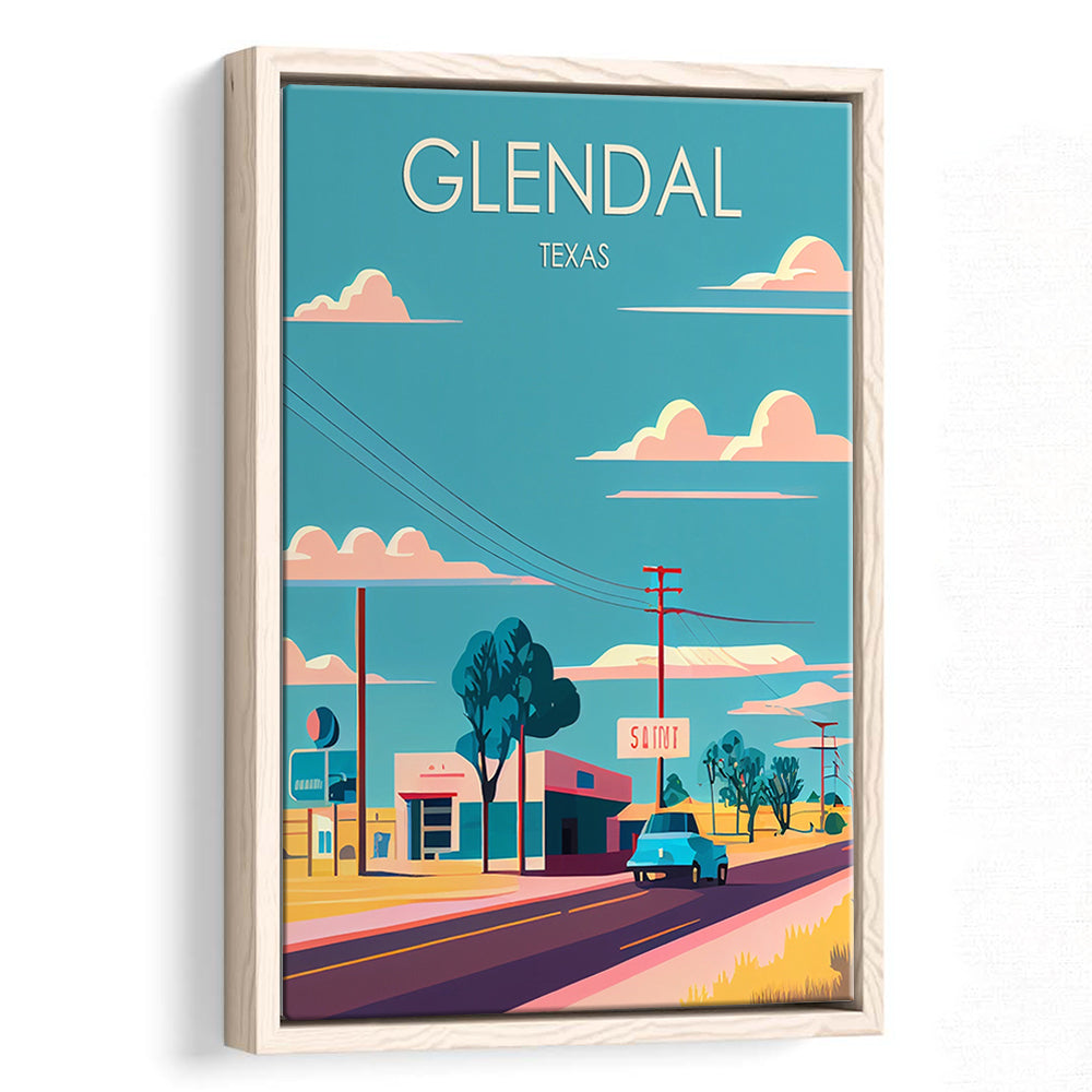 Glendal Texas Retro Art Print, Glendal City Wall Art, Floating Framed Canvas Print, Framed Picture, Painting Canvas