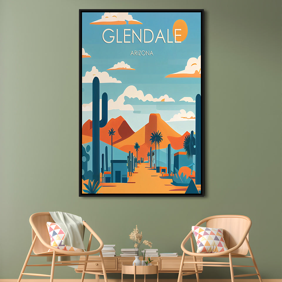 Glendale Arizona Retro Art Print, Glendale City Wall Art, Floating Framed Canvas Print, Framed Picture, Painting Canvas