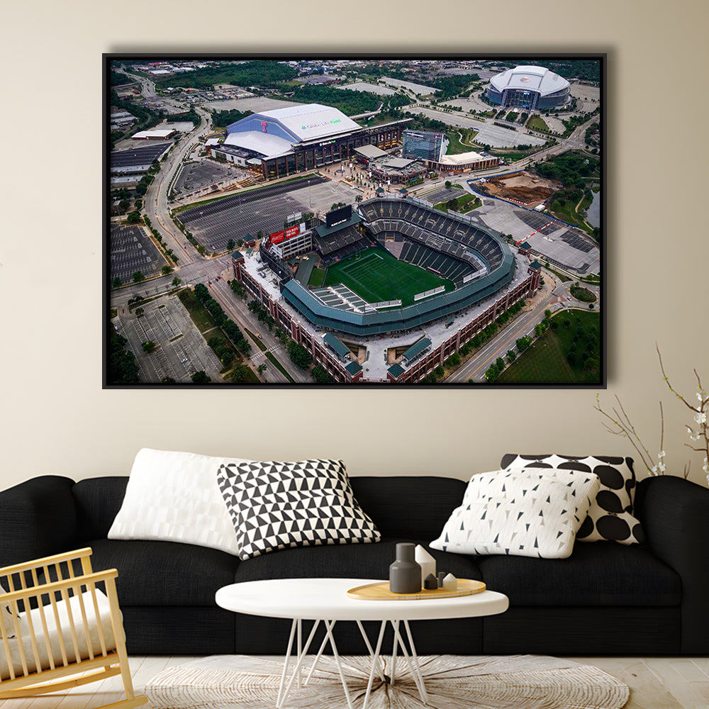 Globe Life Field Aerial View, Stadium Canvas, Sport Art, Framed Canvas Print Wall Art, Floating Frame