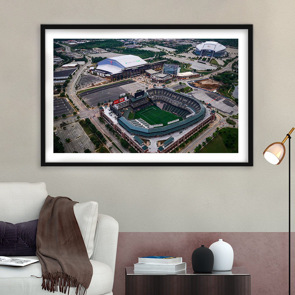 Globe Life Field Aerial View, Stadium Canvas, Sport Art, Gift for him, White Border Framed Art Print Wall Decor