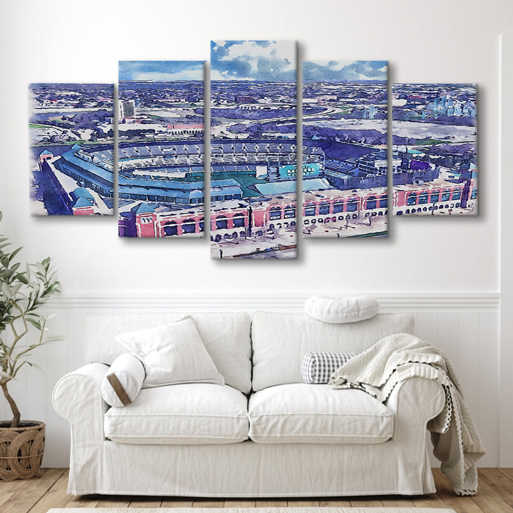 Globe Life Field Painting Stadium Watercolor, Arlington Texas Baseball, Sport Art, Mixed 5 Panel, Canvas Print Wall Art