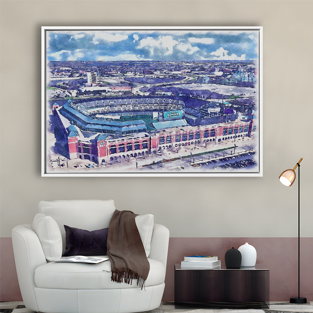 Globe Life Field Painting Stadium Watercolor, Arlington Texas Baseball, Sport Gift Art, Framed Canvas Print Wall Art