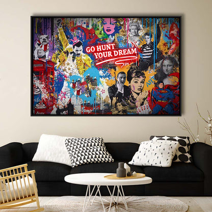 Go Hunt Your Dream Art Print, Framed Canvas Print Wall Art Decor, Floating Frame, Neon Effect Art