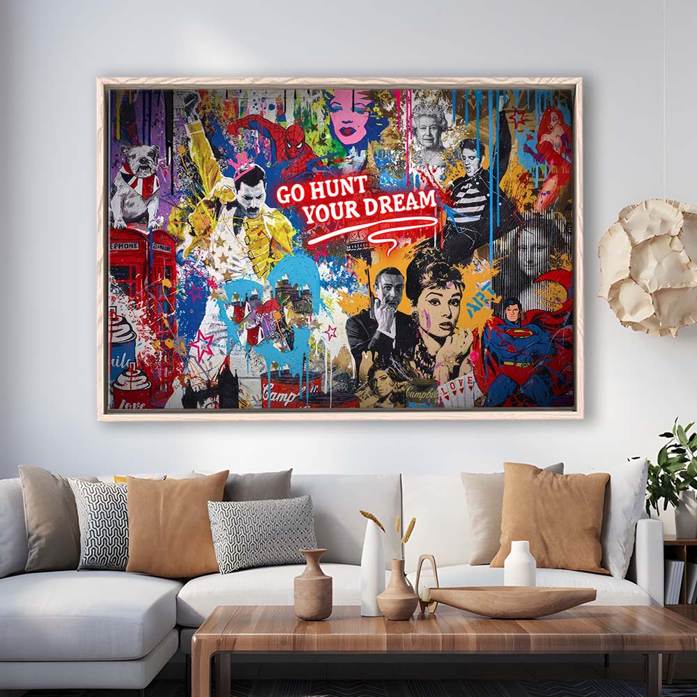 Go Hunt Your Dream Art Print, Framed Canvas Print Wall Art Decor, Floating Frame, Neon Effect Art