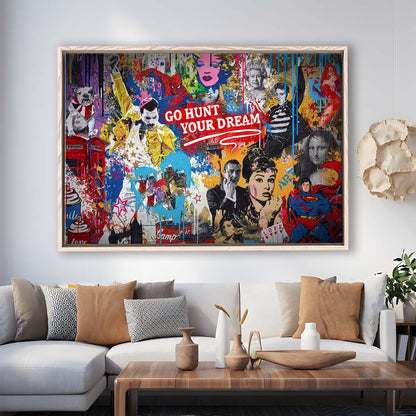 Go Hunt Your Dream Art Print, Framed Canvas Print Wall Art Decor, Floating Frame, Neon Effect Art