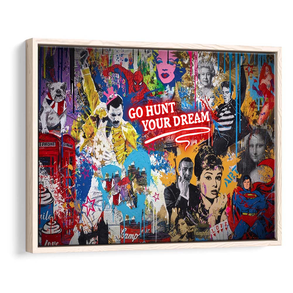 Go Hunt Your Dream Art Print, Framed Canvas Print Wall Art Decor, Floating Frame, Neon Effect Art