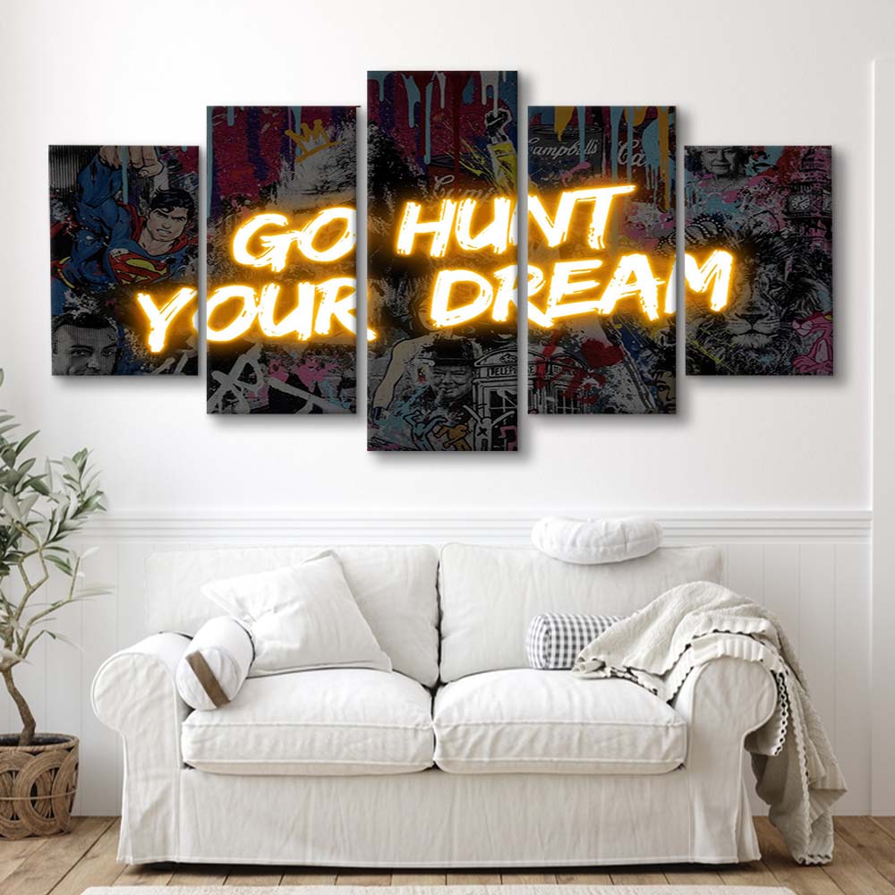 Go Hunt Your Dream Art Print V1, 5 Panel Mixed Canvas Print Wall Art, Home Decor, Neon Canvas