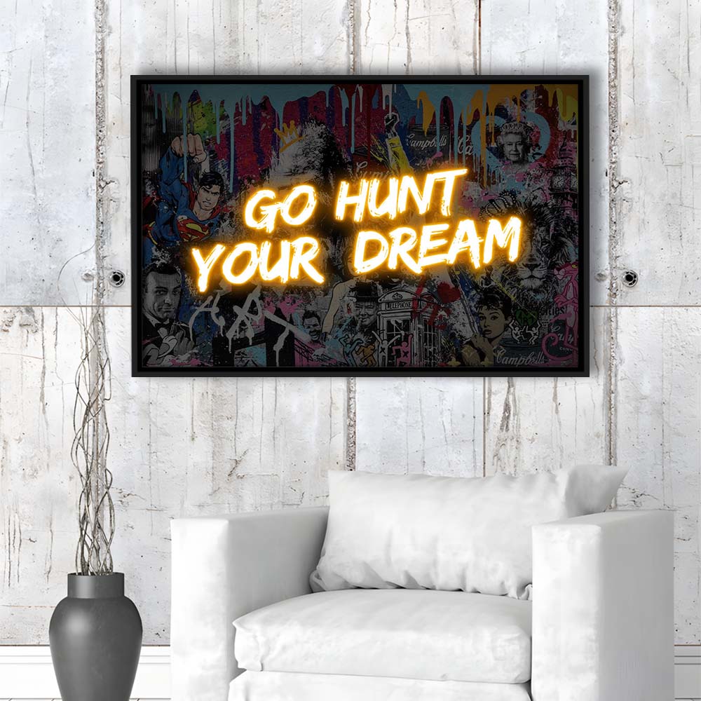 Go Hunt Your Dream Art Print V1, Framed Canvas Print Wall Art Decor, Floating Frame, Neon Effect Art