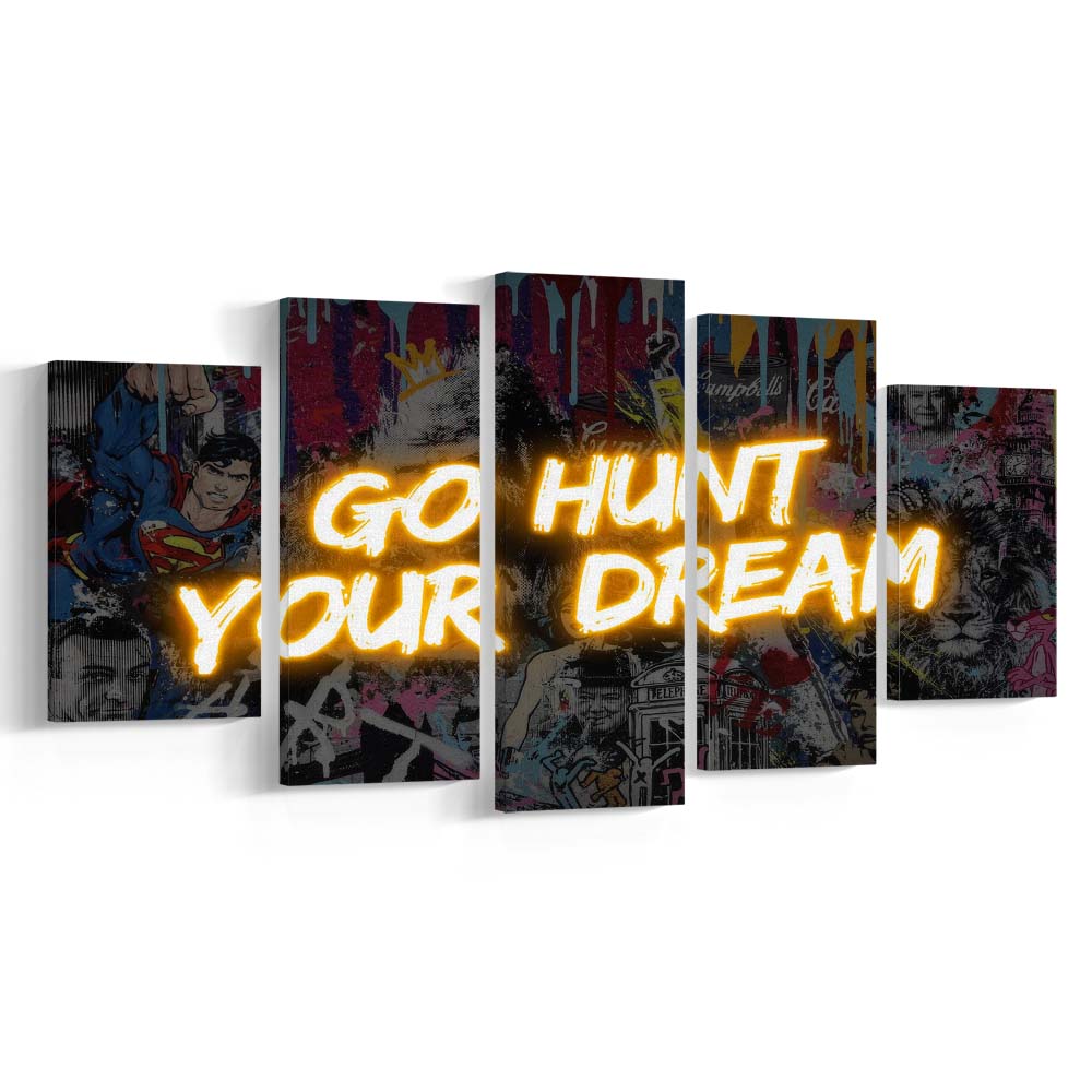 Go Hunt Your Dream Art Print V1, 5 Panel Mixed Canvas Print Wall Art, Home Decor, Neon Canvas