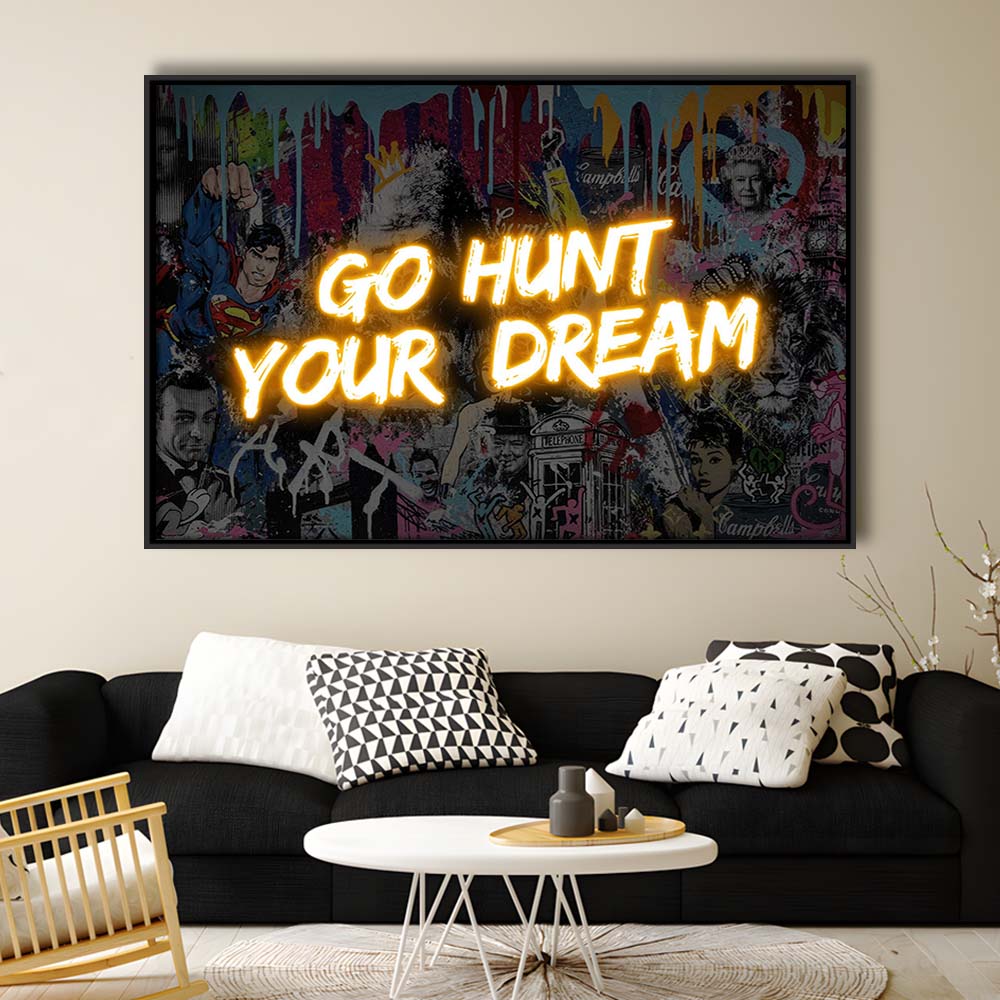 Go Hunt Your Dream Art Print V1, Framed Canvas Print Wall Art Decor, Floating Frame, Neon Effect Art