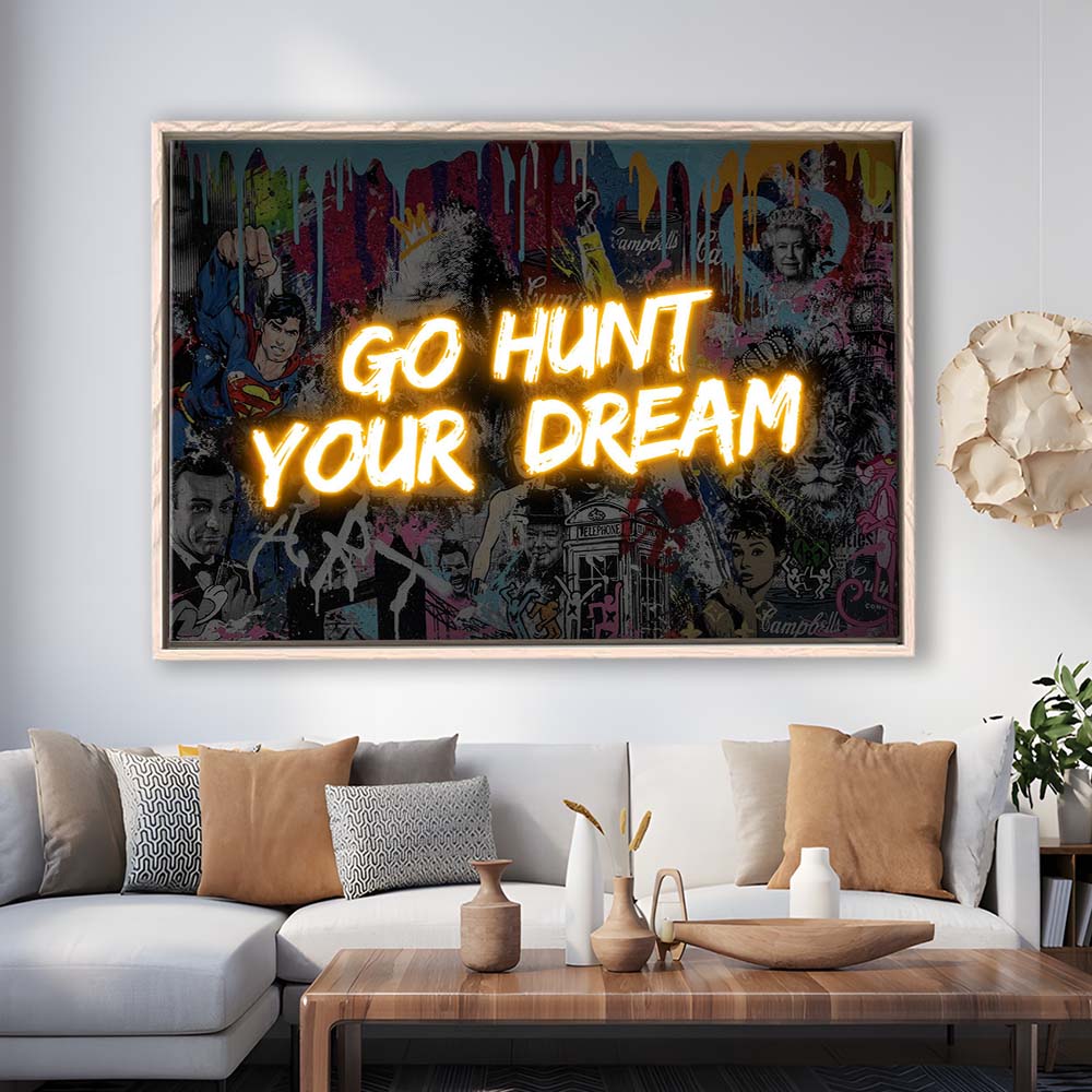 Go Hunt Your Dream Art Print V1, Framed Canvas Print Wall Art Decor, Floating Frame, Neon Effect Art