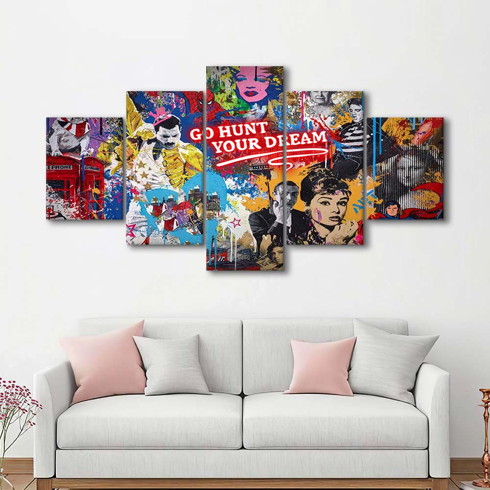 Go Hunt Your Dream Art Print, 5 Panel Mixed Canvas Print Wall Art, Home Decor, Neon Canvas
