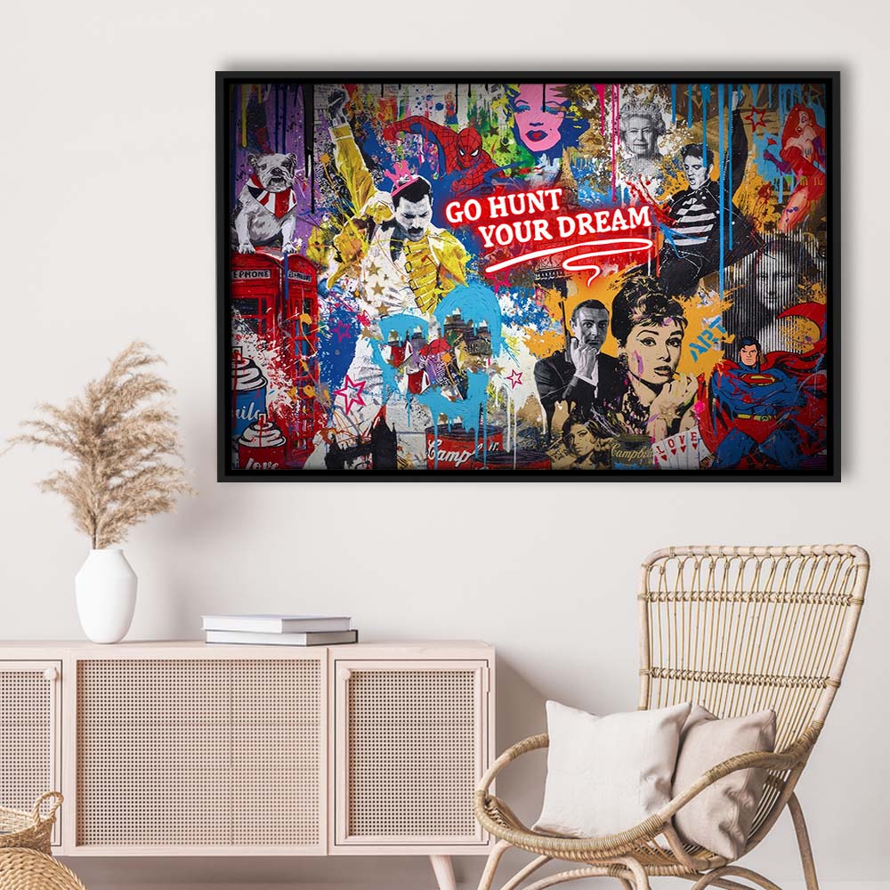 Go Hunt Your Dream Art Print, Framed Canvas Print Wall Art Decor, Floating Frame, Neon Effect Art