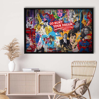 Go Hunt Your Dream Art Print, Framed Canvas Print Wall Art Decor, Floating Frame, Neon Effect Art
