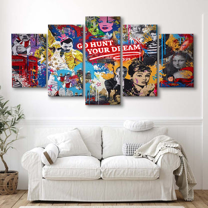 Go Hunt Your Dream Art Print, 5 Panel Mixed Canvas Print Wall Art, Home Decor, Neon Canvas