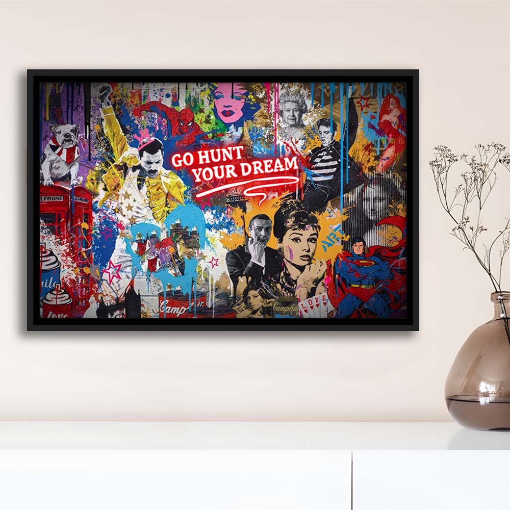 Go Hunt Your Dream Art Print, Framed Canvas Print Wall Art Decor, Floating Frame, Neon Effect Art