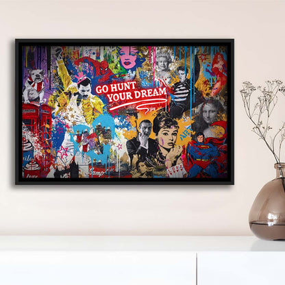 Go Hunt Your Dream Art Print, Framed Canvas Print Wall Art Decor, Floating Frame, Neon Effect Art