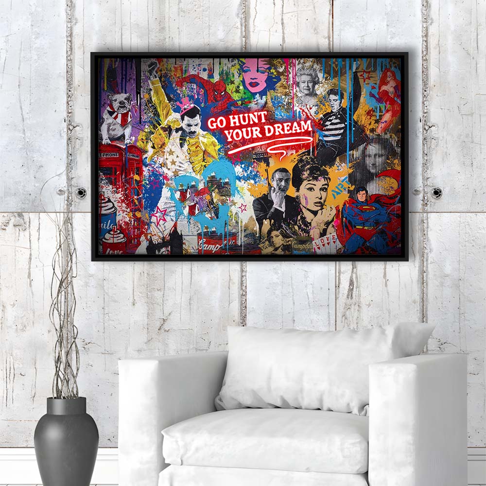 Go Hunt Your Dream Art Print, Framed Canvas Print Wall Art Decor, Floating Frame, Neon Effect Art