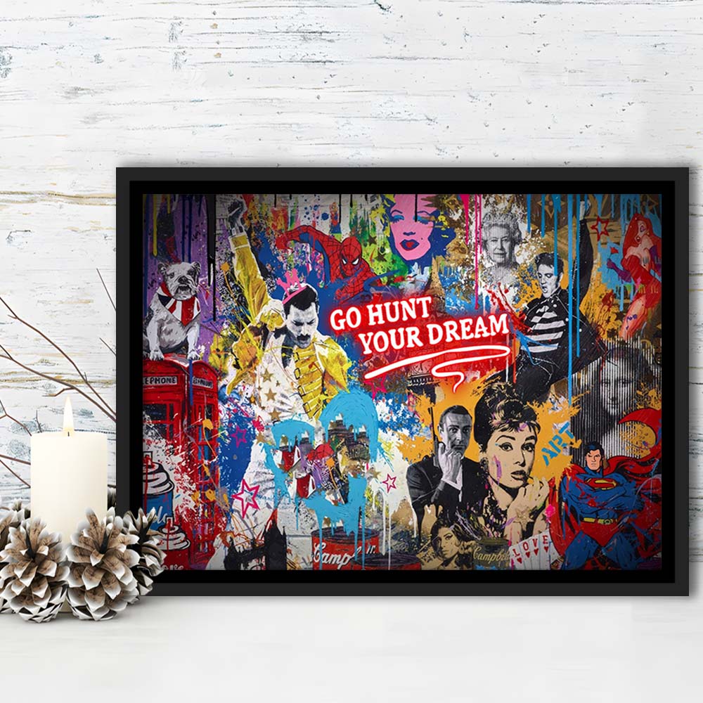 Go Hunt Your Dream Art Print, Framed Canvas Print Wall Art Decor, Floating Frame, Neon Effect Art