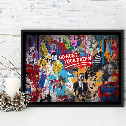 Go Hunt Your Dream Art Print, Framed Canvas Print Wall Art Decor, Floating Frame, Neon Effect Art