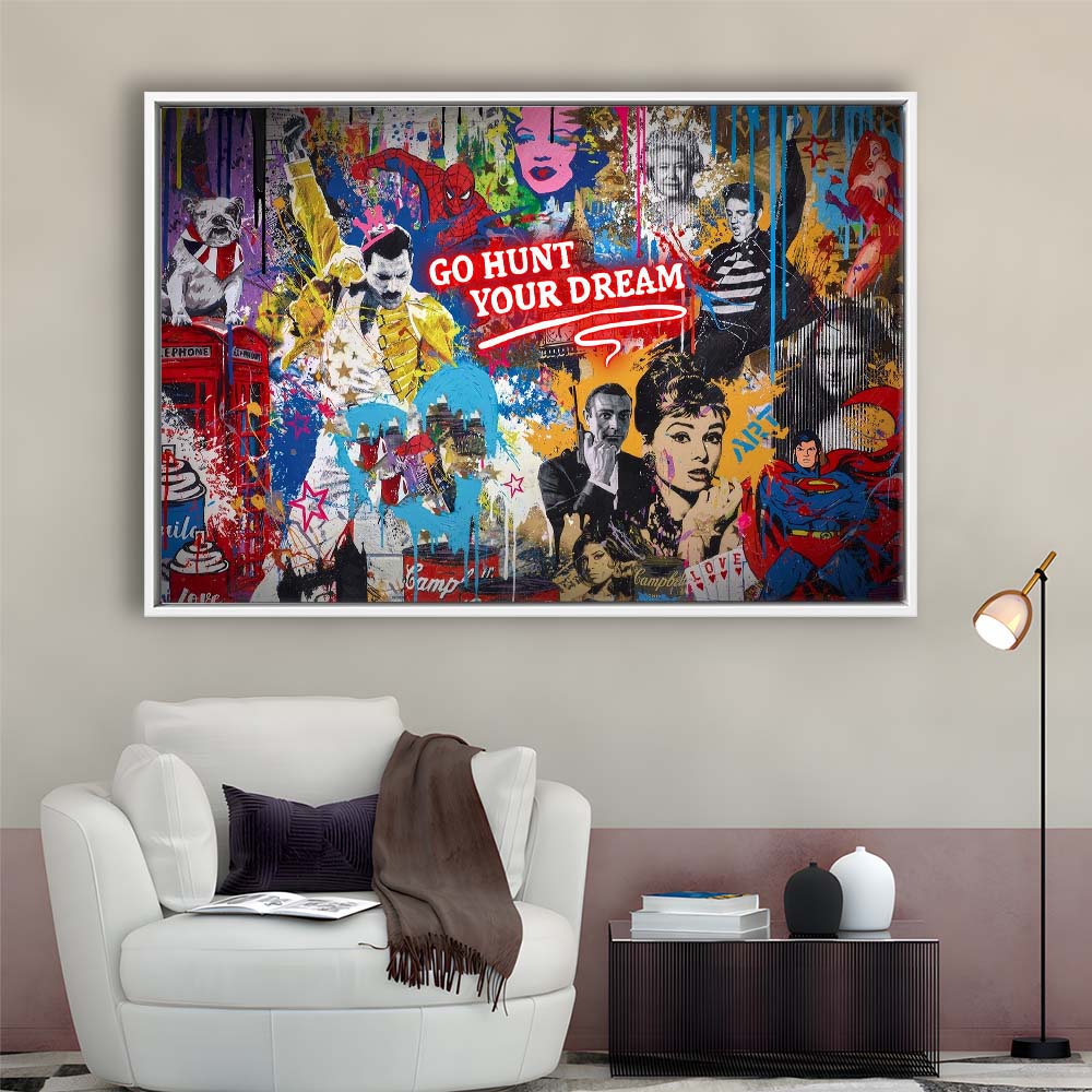 Go Hunt Your Dream Art Print, Framed Canvas Print Wall Art Decor, Floating Frame, Neon Effect Art