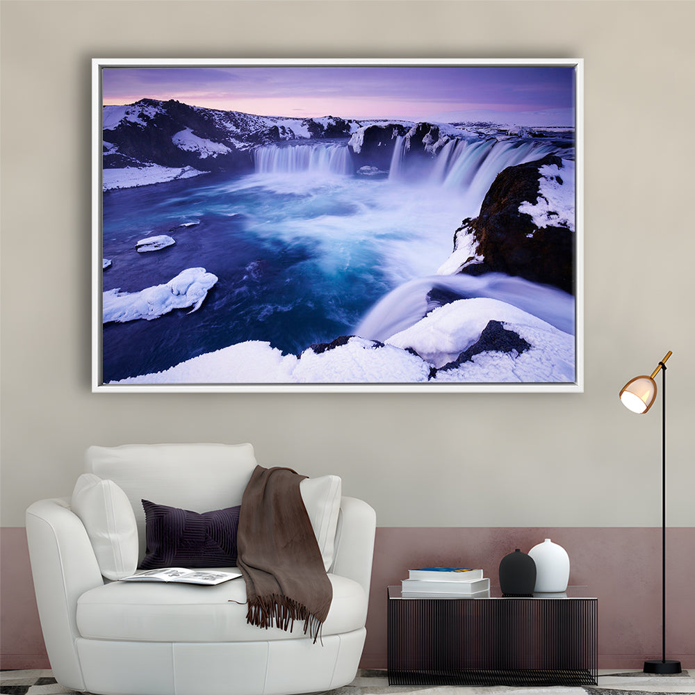 Godafoss Waterfall  Iceland Waterfall Art Iceland Art Sunset Waterfall, Framed Canvas Print Wall Art, Floating Frame