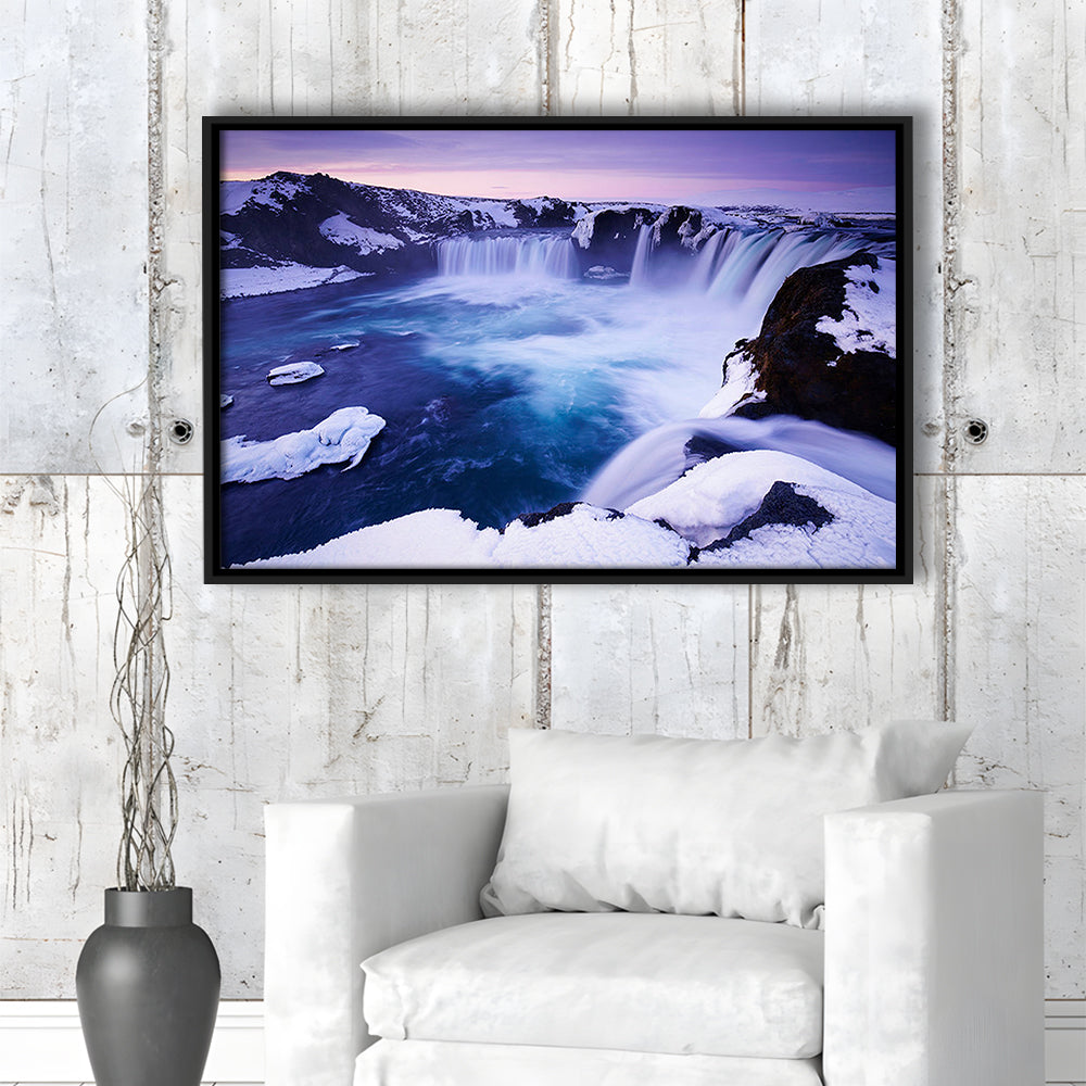 Godafoss Waterfall  Iceland Waterfall Art Iceland Art Sunset Waterfall, Framed Canvas Print Wall Art, Floating Frame